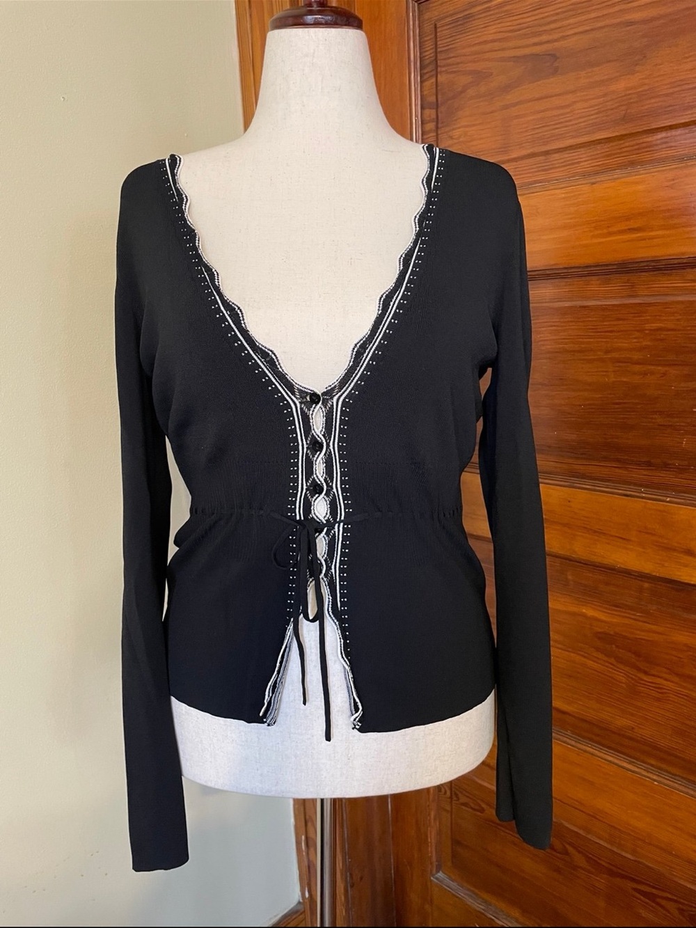 Ann Taylor Black Cardigan with White Trim Lace-Up Front